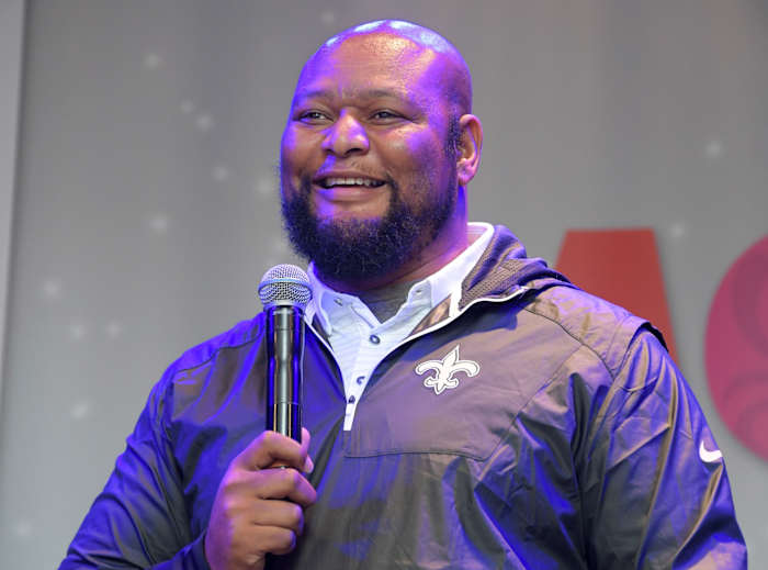 Sep 29, 2017; London, United Kingdom; New Orleans Saints former running back Deuce McAllister speaks on the main stage during NFL on Regent Street. Mandatory Credit: Kirby Lee-USA TODAY Sports
